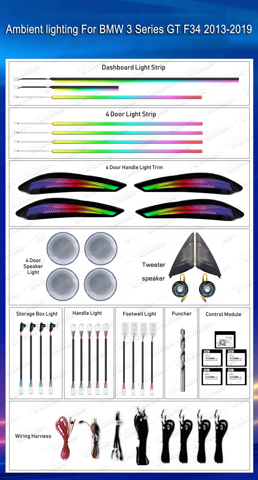Ambient Lighting Kit for BMW 3 Series GT 2013-2019 LED Accessories 3GT Door Speaker Cover