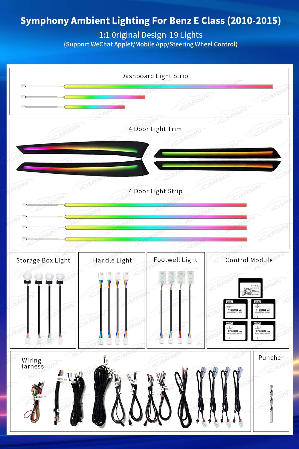 W212 64 Colors Rainbow Colorful Ambient Lighting for Mercedes-Benz E-Class 2010 - 2015