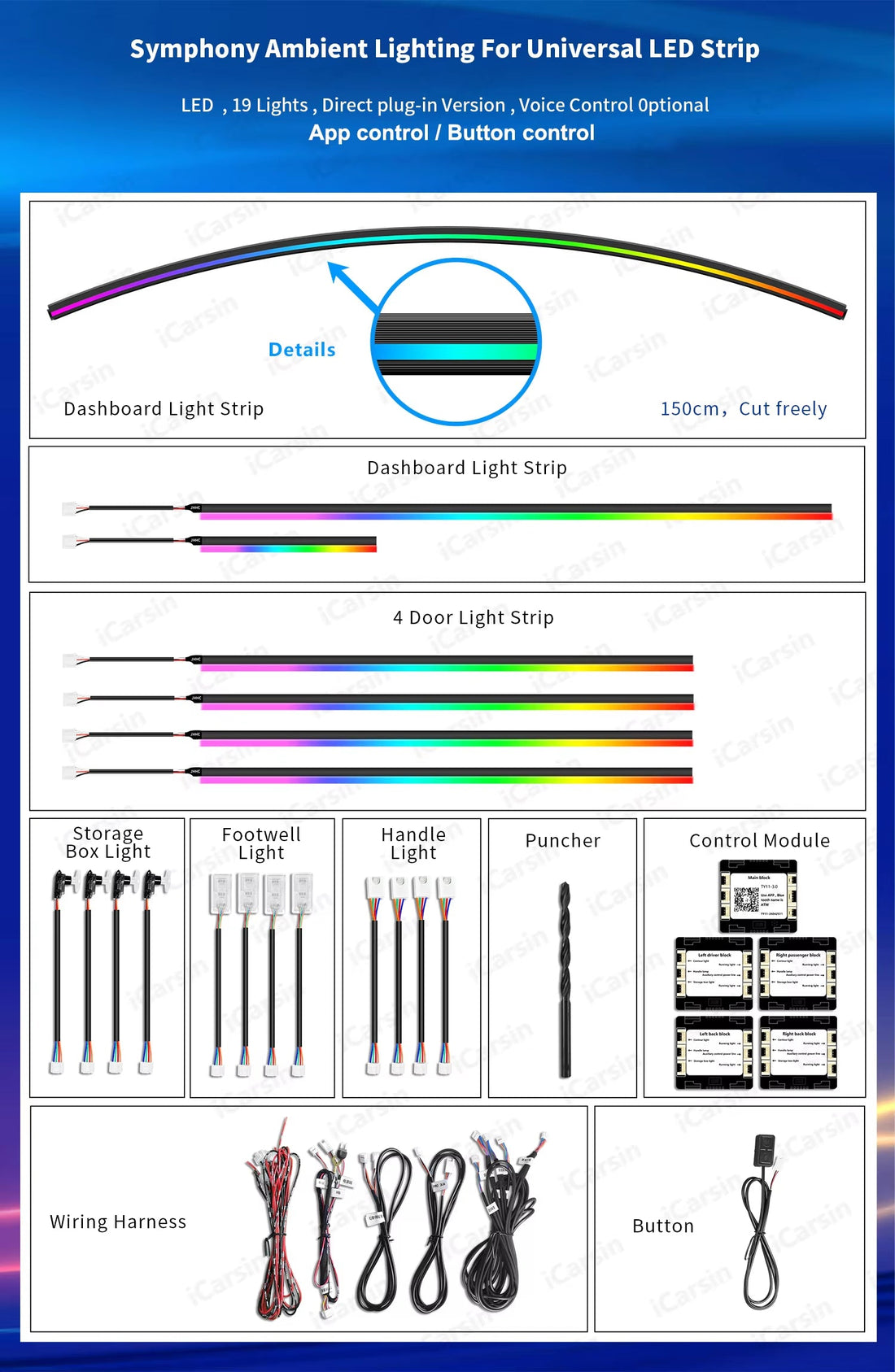 Dashboard Surrounding Ambient Light under Windscreen 150Cm Length Fit All Car Model Interior Light Accessories