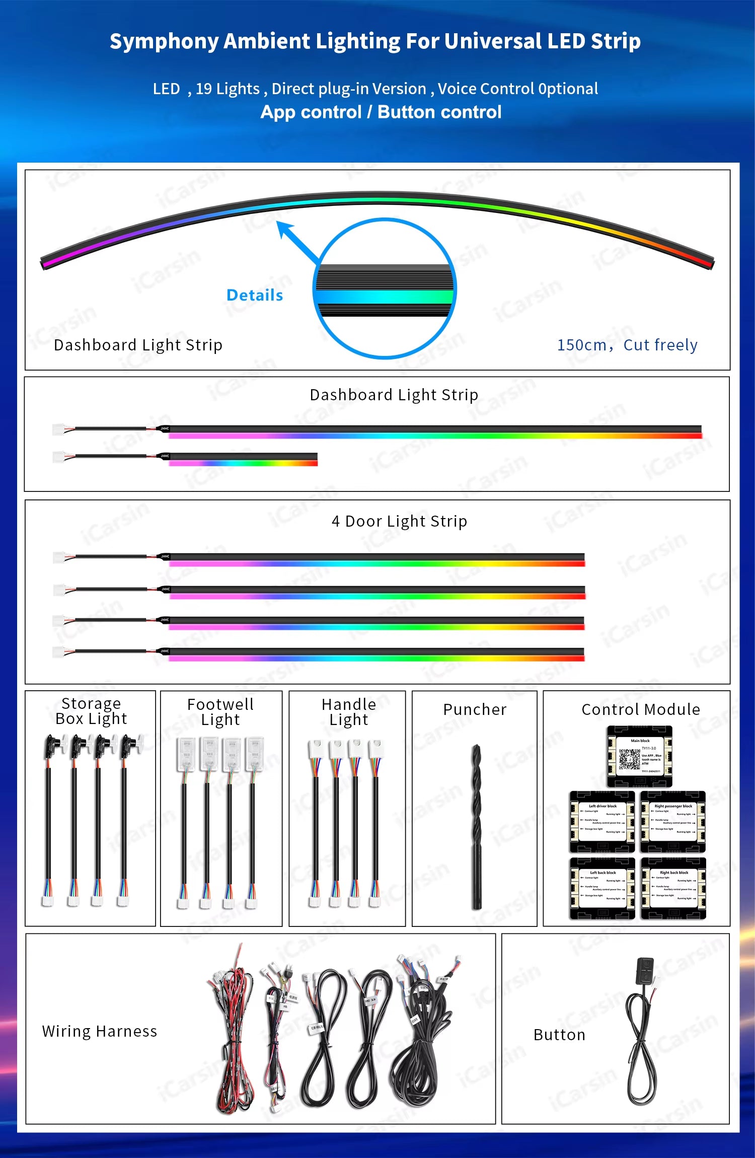 Dashboard Surrounding Ambient Light under Windscreen 150Cm Length Fit All Car Model Interior Light Accessories