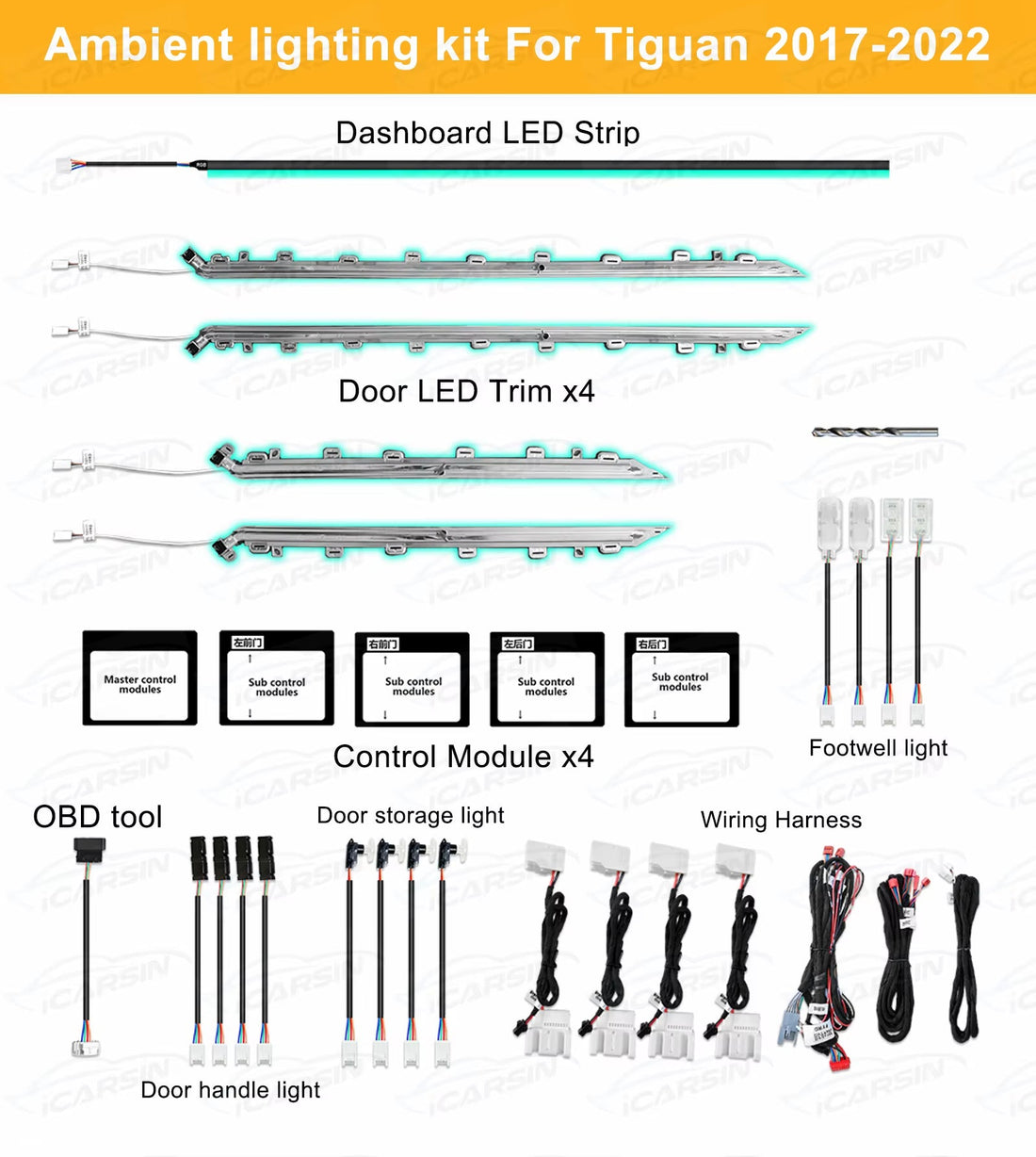 Ambient Lighting Kit for Volkswagen Tiguan 2017 to 2022 LED Lights Door Trim