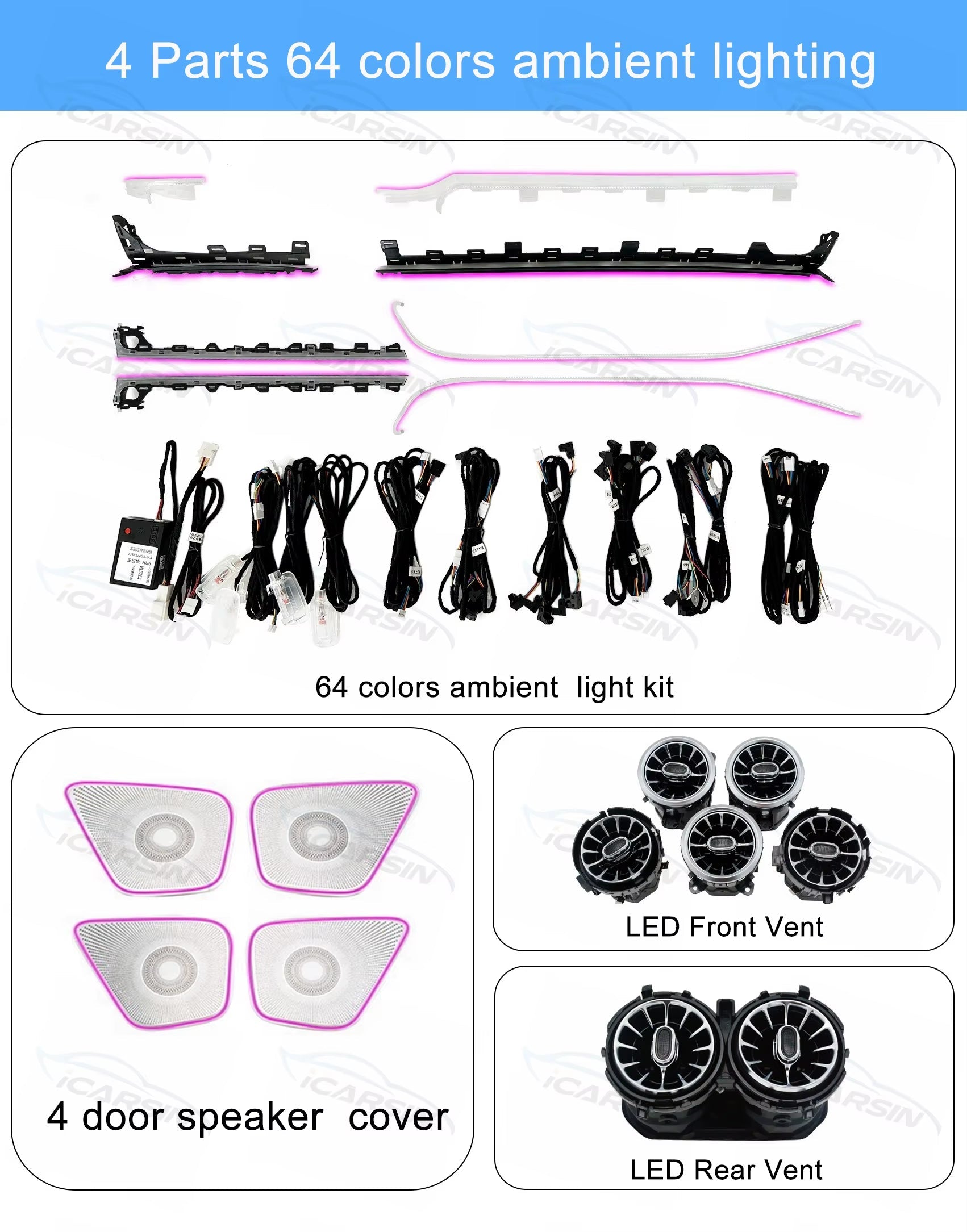 Icarsin Upgrade 64 Colors Ambient Light Air Vent for Mercedes-Benz A-Class W177 Interior Lighting System 2019 to 2023