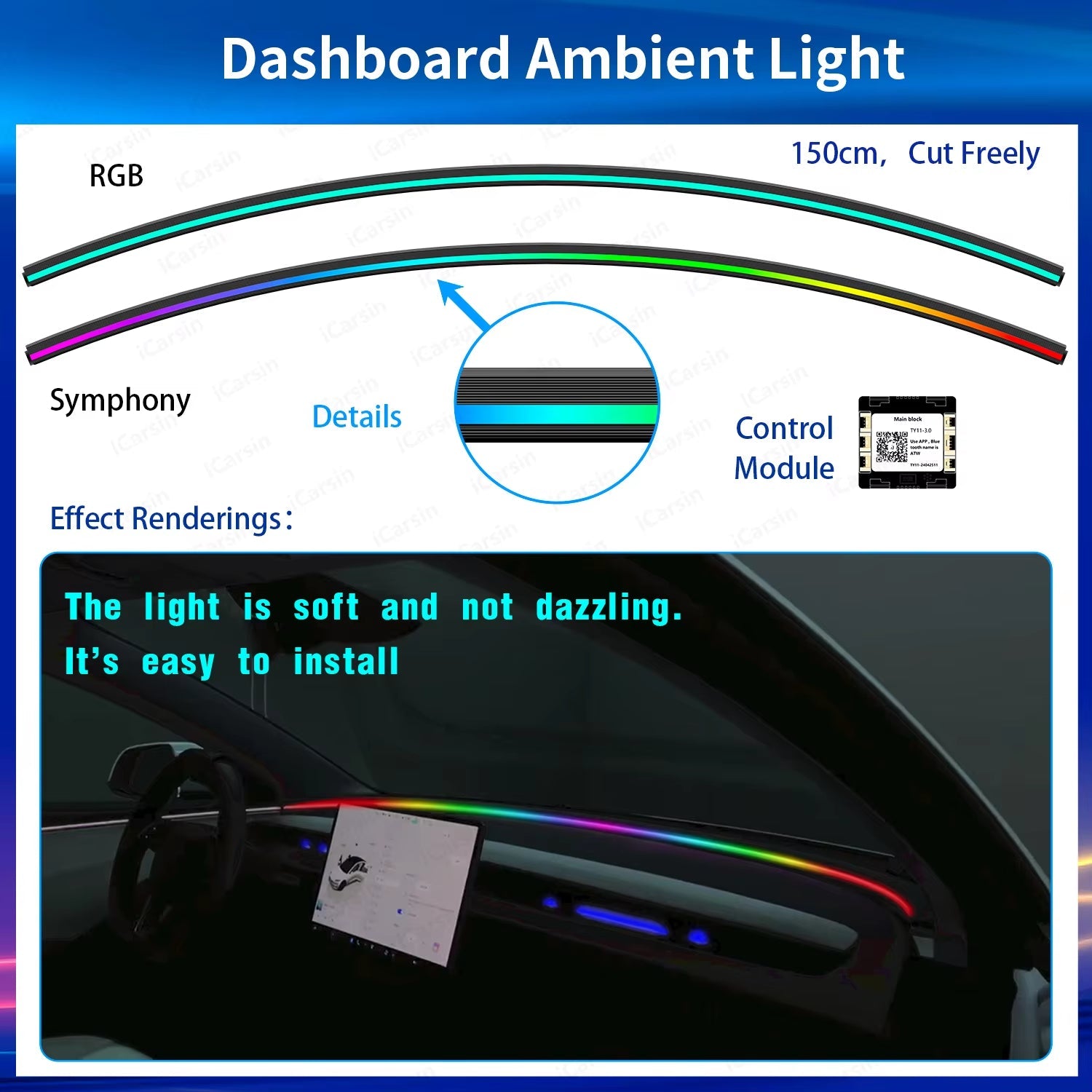 Dashboard Surrounding Ambient Light under Windscreen 150Cm Length Fit All Car Model Interior Light Accessories