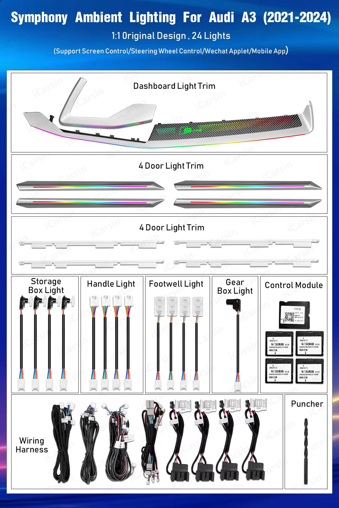 Light Decoration for Audi A3 2021-2024 Carbon Fiber Pattern Trim Accessories