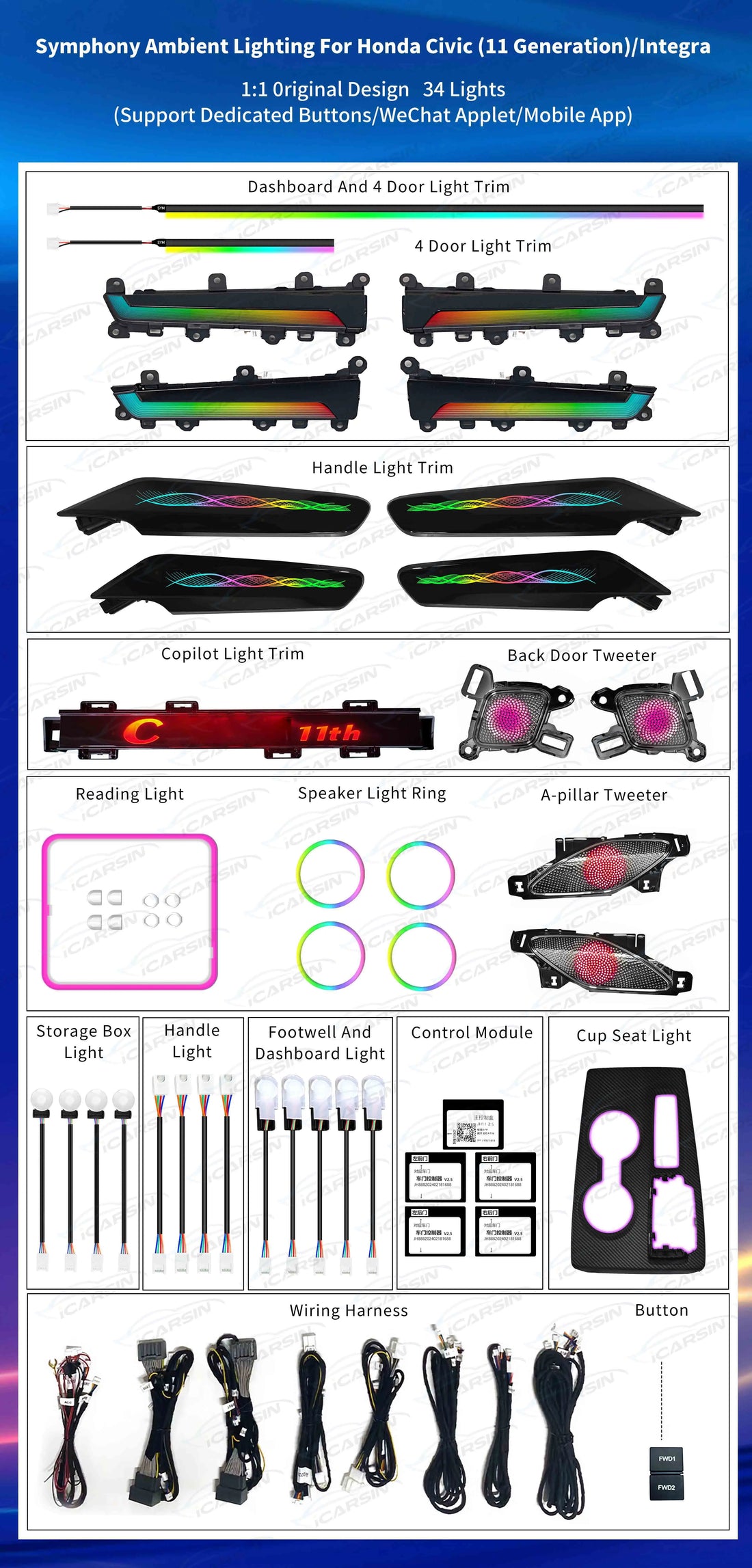 Led Car Interior Ambient Light for Honda Civic 11Th 2022-2023