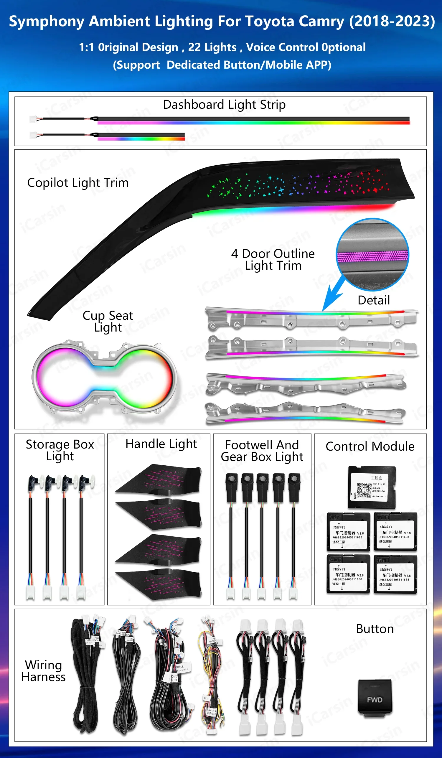 Led Car Interior Ambient Lighting for Toyota Camry 2018-2023