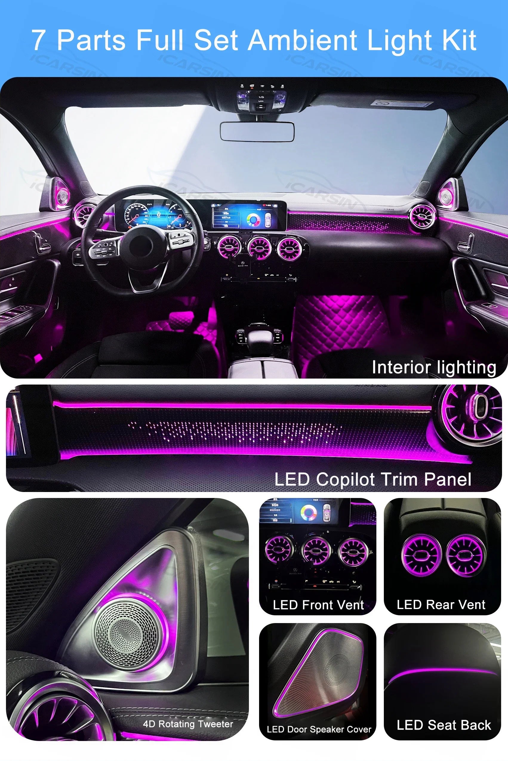 Icarsin Upgrade 64 Colors Ambient Light Air Vent for Mercedes-Benz A-Class W177 Interior Lighting System 2019 to 2023