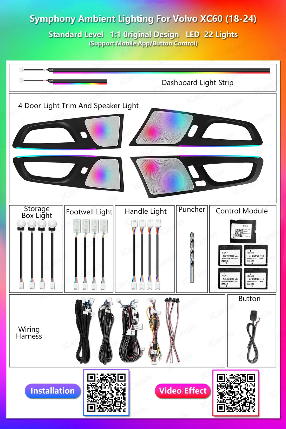 Icarsin Upgrade 256 Color LED Car Interior Ambient Lighting for Volvo XC60 2018-2024 Strip Accessories Decoration