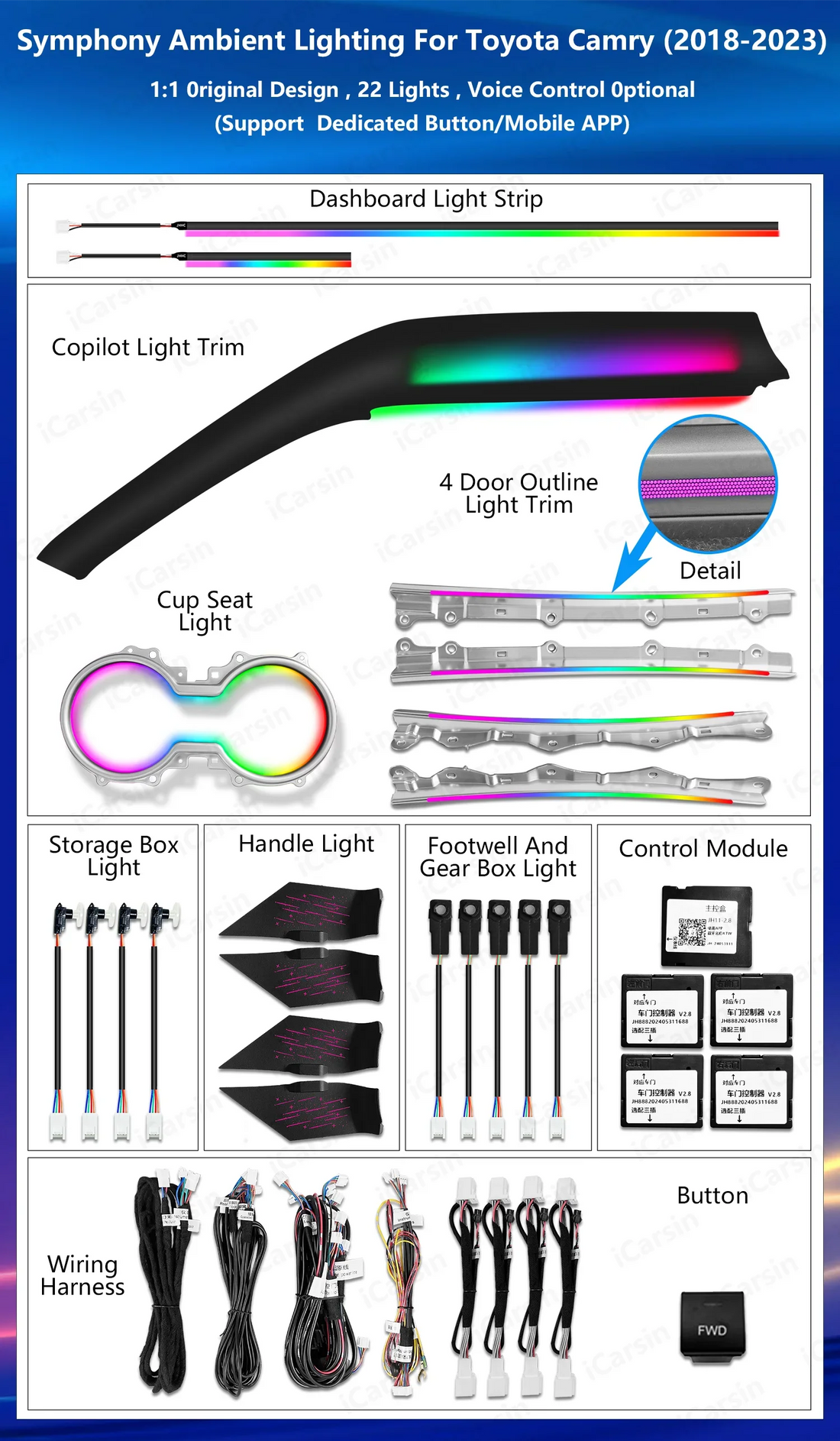 Led Car Interior Ambient Lighting for Toyota Camry 2018-2023