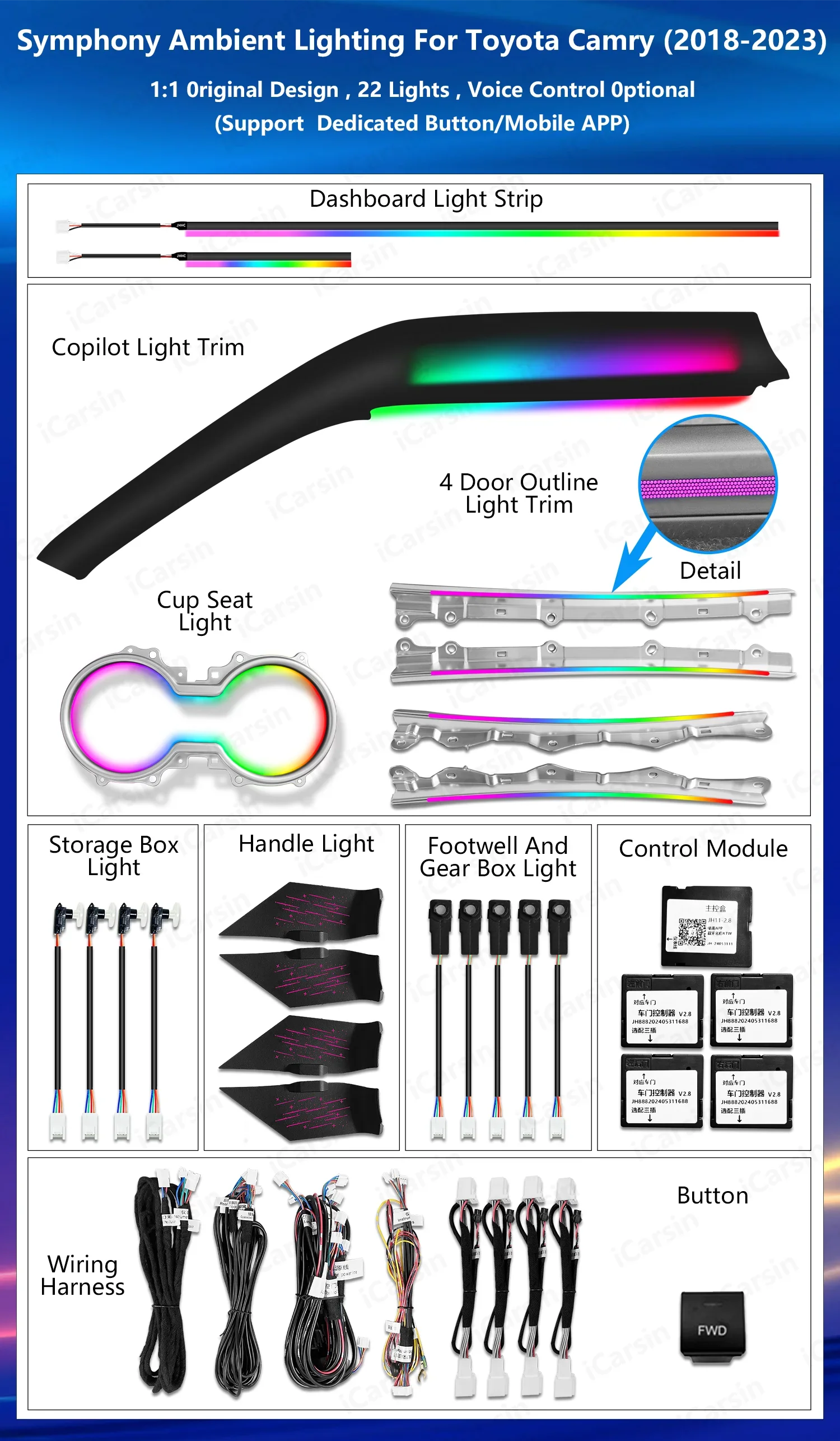 Led Car Interior Ambient Lighting for Toyota Camry 2018-2023