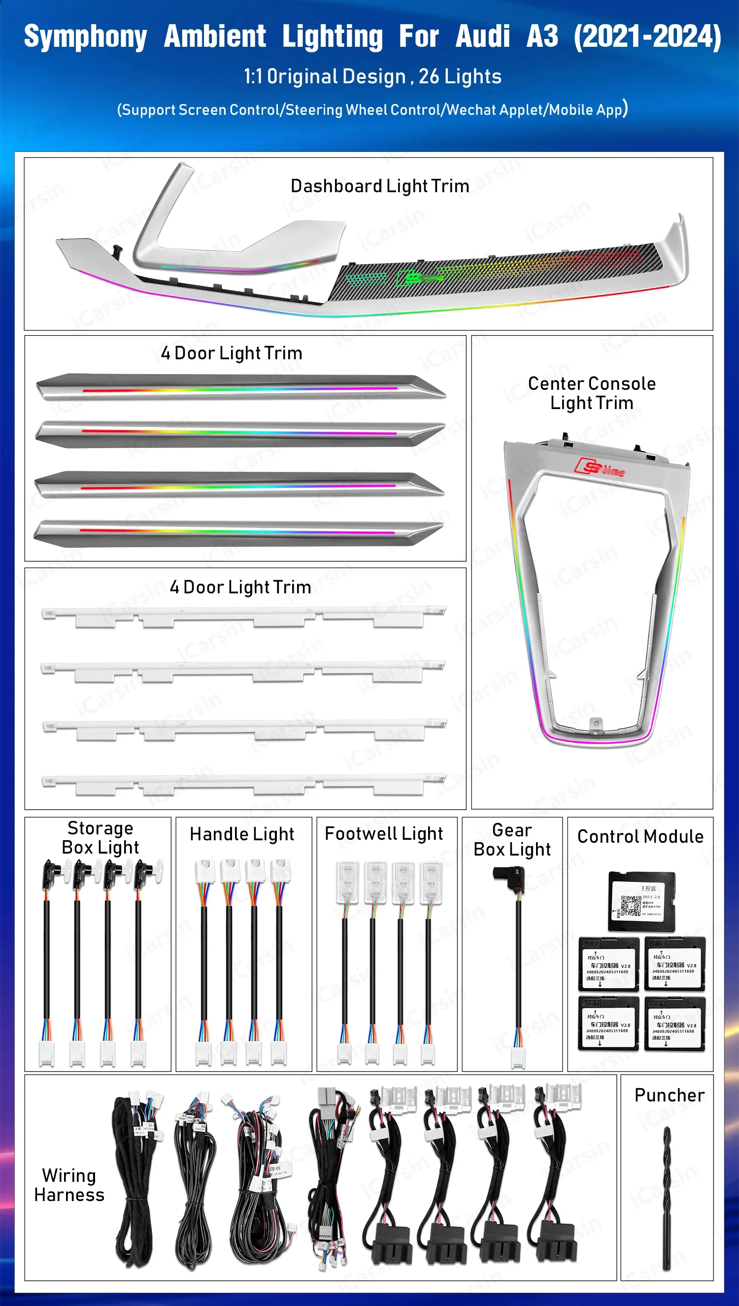 Light Decoration for Audi A3 2021-2024 Carbon Fiber Pattern Trim Accessories