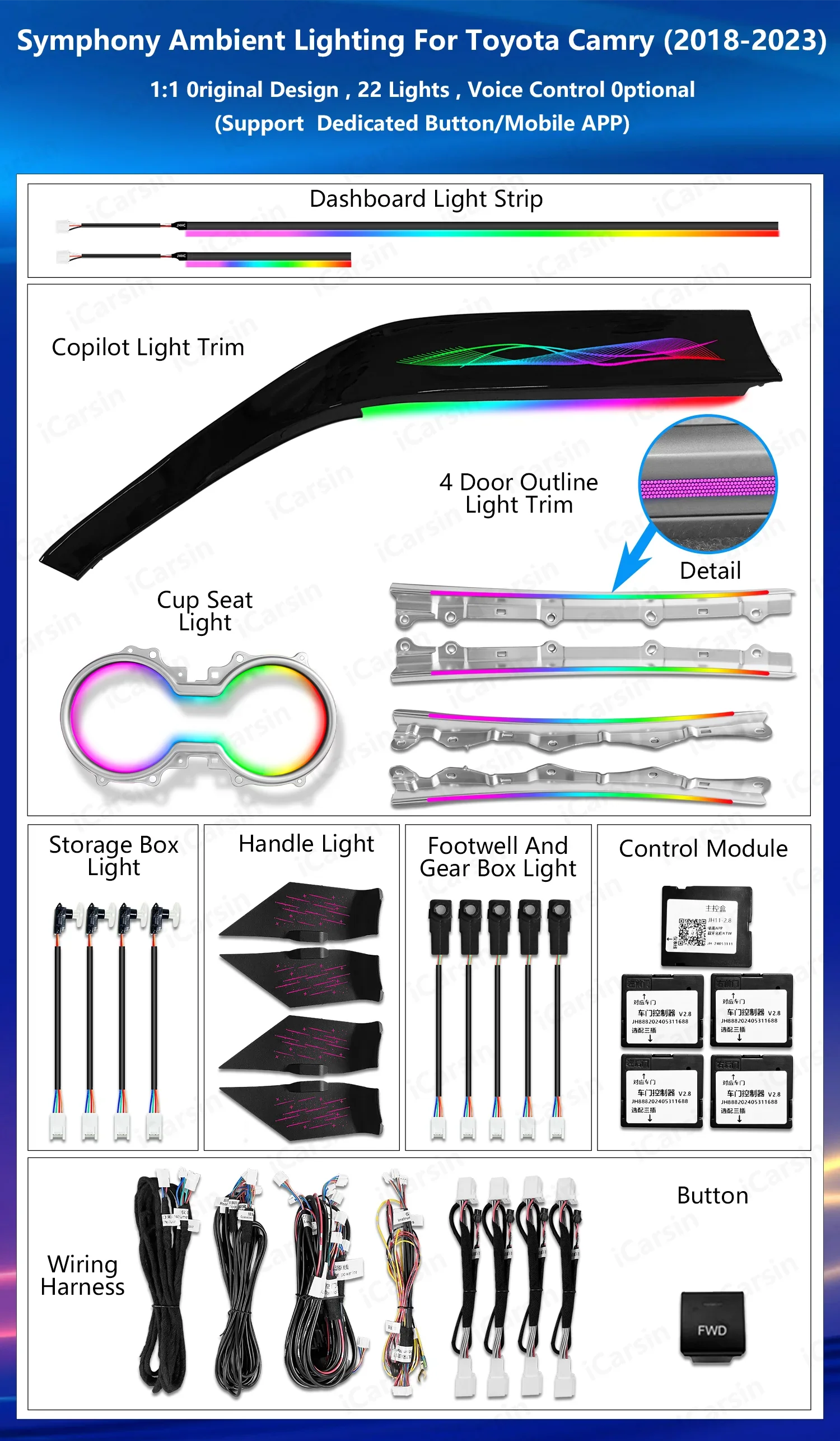 Led Car Interior Ambient Lighting for Toyota Camry 2018-2023
