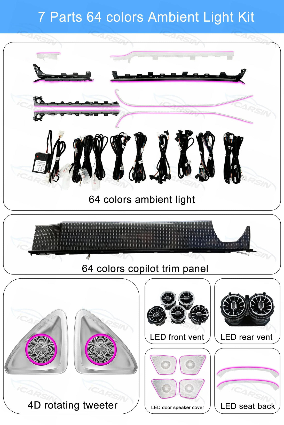 Icarsin Upgrade 64 Colors Ambient Light Air Vent for Mercedes-Benz A-Class W177 Interior Lighting System 2019 to 2023