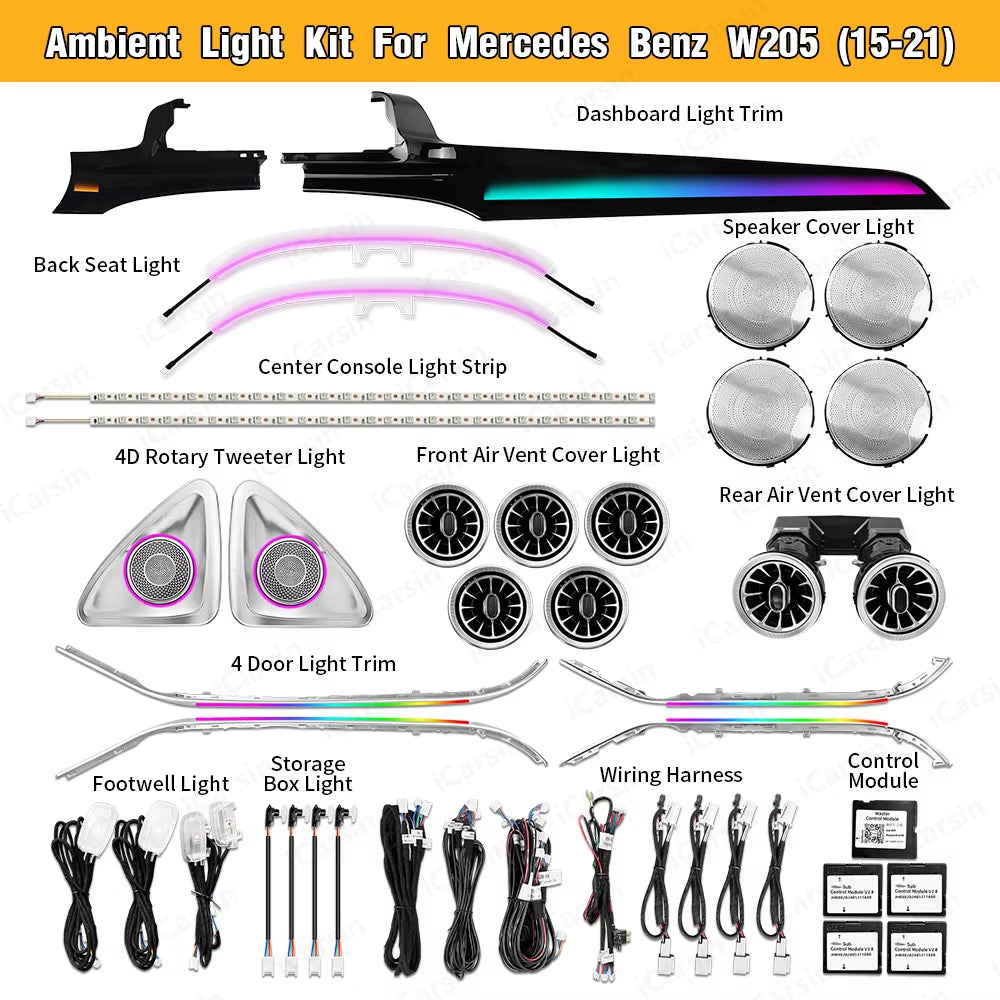 W205 Ambient Light for Mercedes-Benz C300 C400 C43 C63 C63S AMG Interior Lighting Upgrade Kit GLC X253