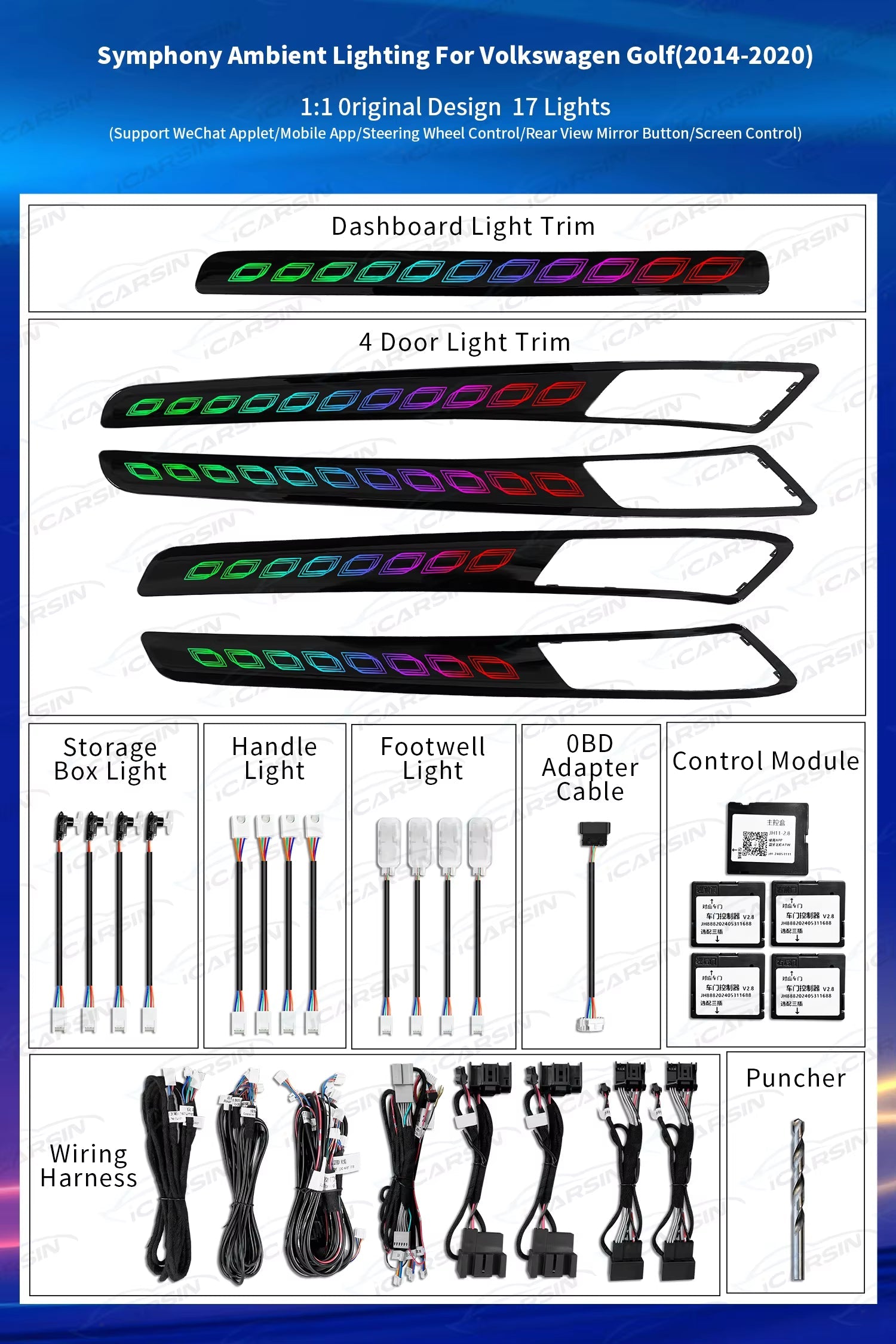 Ambient Lighting Kit for VW Golf 7 Mk7 Interior LED Light Trim Panel Accessories