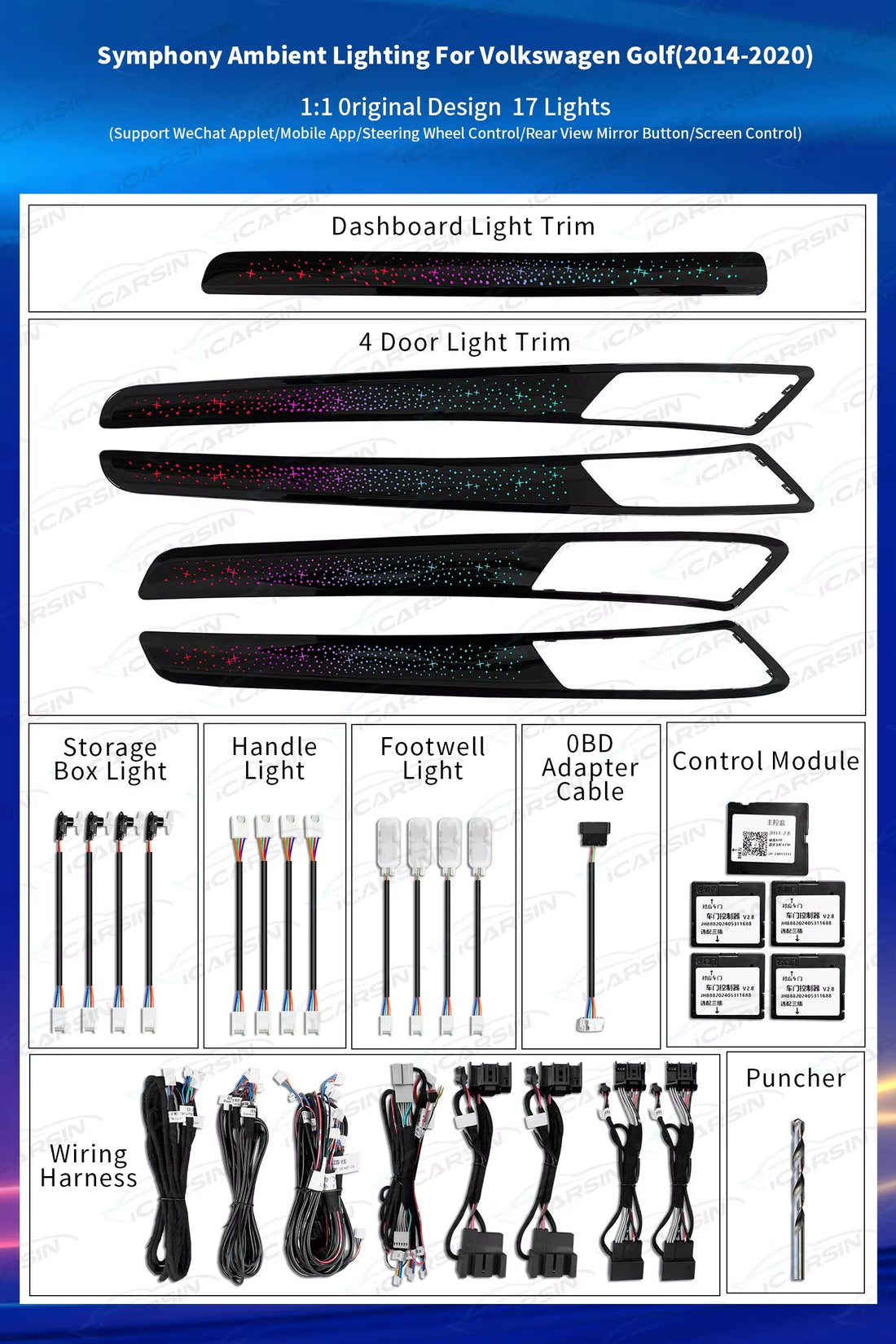 Ambient Lighting Kit for VW Golf 7 Mk7 Interior LED Light Trim Panel Accessories